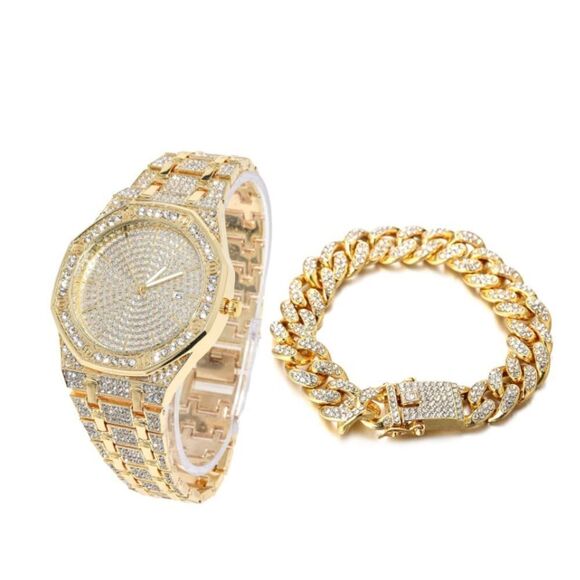 18k Gold Plated Watch and Cuban Link Set - Picture 4 of 4